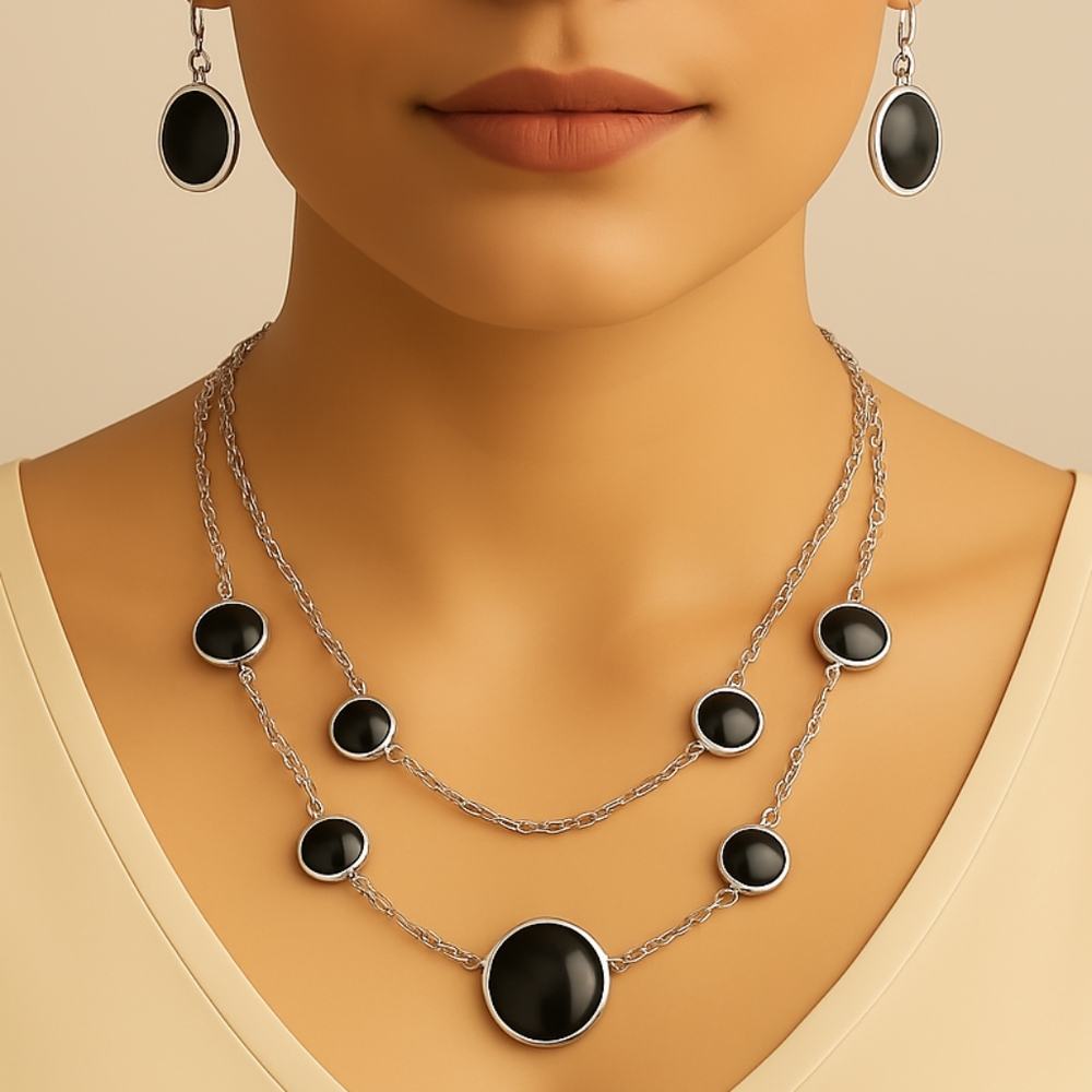 Polished Layered Silver tone & Black Beaded Necklace - Matching Earrings - Women